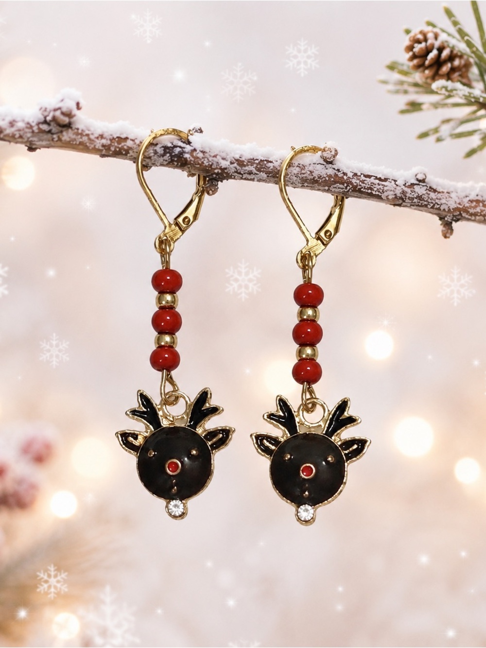 Rudolph Reindeer Earrings, Christmas Dangle Earrings, Holiday Jewelry